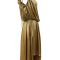 Gold statement dress side angle showing asymmetric hemline and draping
