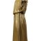 Gold statement dress side angle showing asymmetric hemline and draping
